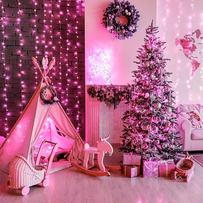 200 LED Pink String Lights, 66ft Pink Christmas Lights Outdoor Waterproof 8 Modes Clear Wire, Connectable Plug in Twinkle Fairy Lights for Bedroom Indoor Wedding Christmas Decorations