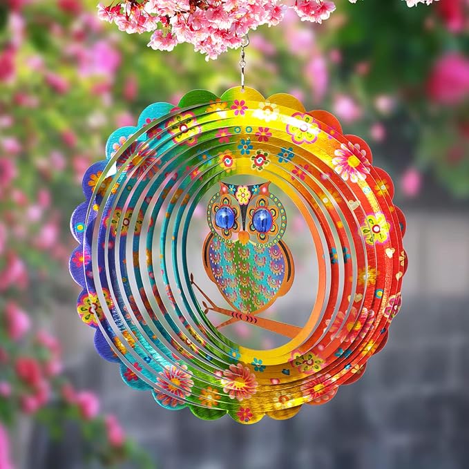 FONMY Wind Spinner Mandala Owl 12 inch 3D Stainless Steel Laser Cut Metal Art Geometric Pattern Hanging Wind Spinner, Kinetic Yard Art Decorations - Indoor/Outdoor Décor