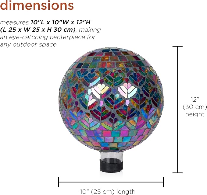 Alpine Corporation GBT118 Mosaic Peacock Gazing Ball, Stylish Décor for Garden, Patio, & Lawn, 12" H, Multicolor
