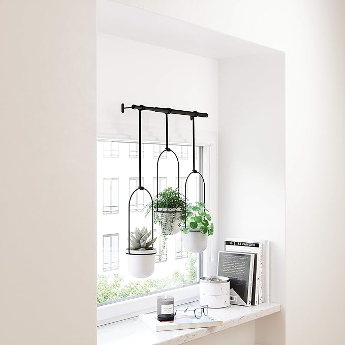 Umbra Triflora Hanging Planter for Window, Indoor Herb Garden, Set of 3, White/Black
