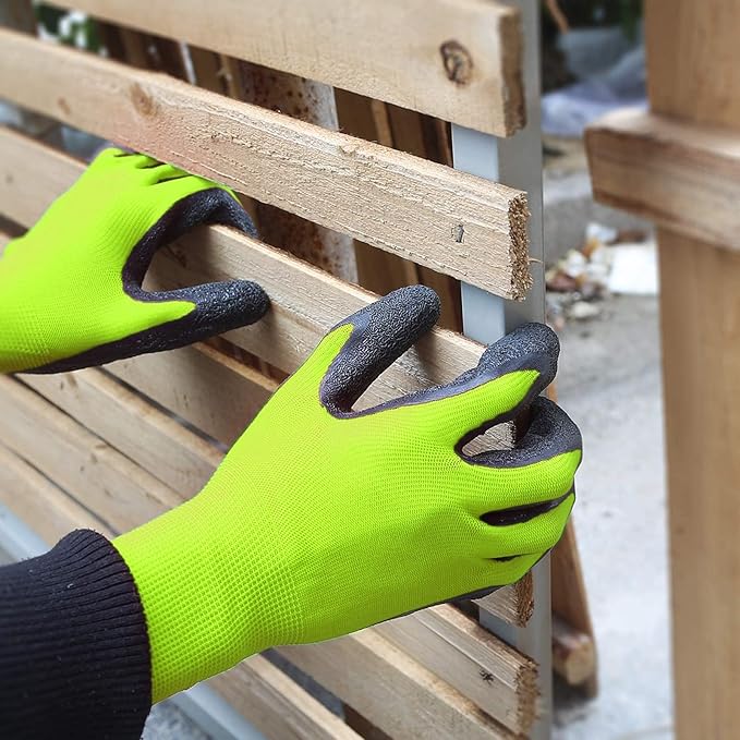 Evridwear Crinkle Latex Rubber Hand Coated Safety Work Gloves for Men Women General Multi Use Construction Warehouse Gardening Assembly Landscaping (L-Size) Lime 120 Pairs Pack