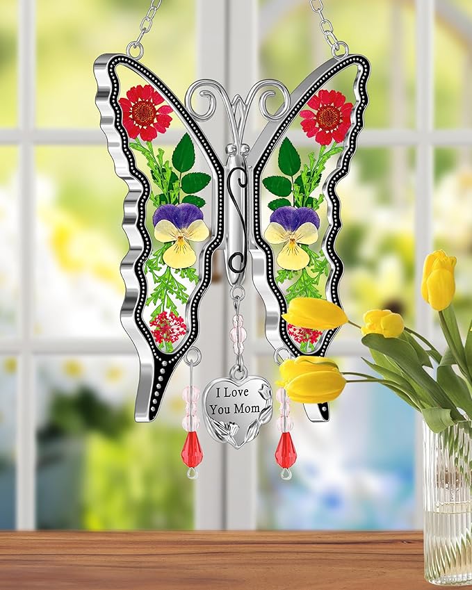 KY&BOSAM I Love You Mom Butterfly Suncatcher for Window Gift for Mom Pressed Flower Between Wings in Glass Metal Engraved Charm Gift for Women Mother's Day Valentine's Birthday Thanksgiving Christmas