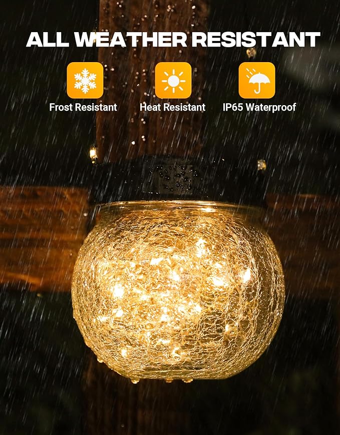 Solar Lantern Solar Lights Outdoor Waterproof 2-Pack, Solar Powered Hanging Lights Cracked Glass Hanging Globes for Christmas Decoration, Shepherd Hook, Garden Tree Ornaments