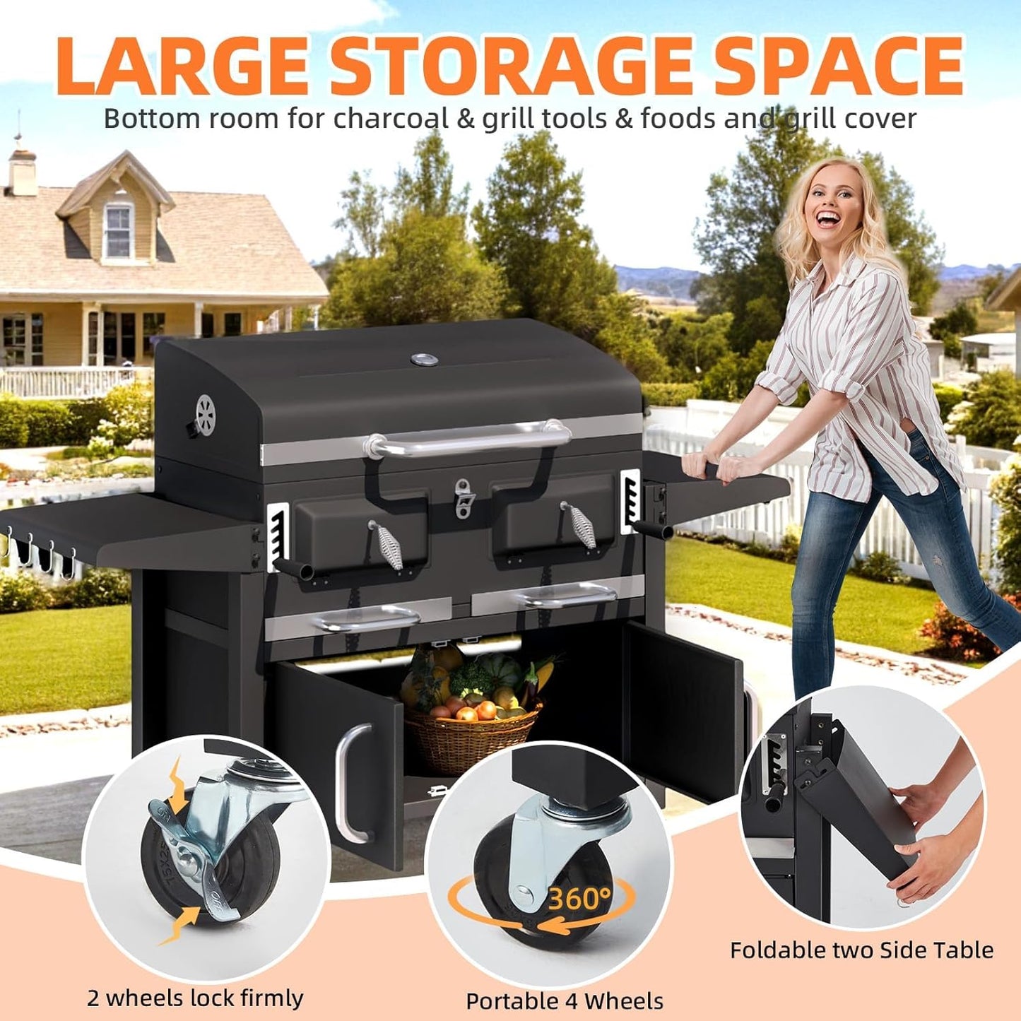 MELLCOM 36 In Extra Large Charcoal Grill - 620 Sq.In Oversized BBQ Area with Storage Cabinet & Individual Lifting Charcoal Trays, Thermometer and Foldable Side Tables for Outdoor