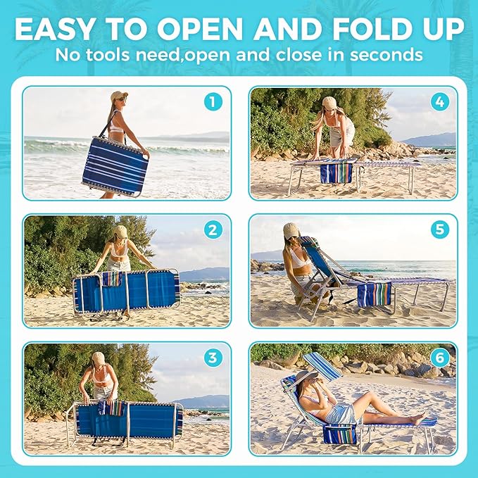 #WEJOY Folding Lounge Chair with Canopy Shade, Portable Adjustable 5-Position Patio Chaise Lounger with Pillow & Storage Pocket for Lay Flat Outdoor Lawn Backyard Beach Camping Pool Tanning (Blue)