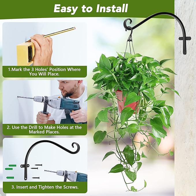 HOOPLE Plant Hangers Outdoor Heavy Duty 2 Pack, Extra Long 12 Inch Cast Iron Hanging Plant Bracket, Metal Black Plant Brackets Hook for Hanging Flower Baskets, Hanging Bracket, Elegant Design