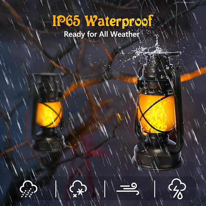 Toodour 2 Pack Hanging Solar Lantern Outdoor - Solar Vintage Lantern with Flickering Flame, 2 Modes Waterproof Solar Hanging Lights for Camping, Patio, Deck, Yard, Path, Outdoor Halloween Decorations