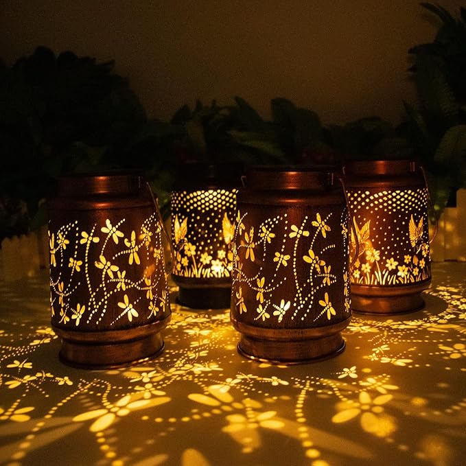 4 Packs Dragonfly&Hummingbird Solar Lantern Lights Outdoor Decor, Hanging Metal Decorations Waterproof with LED Light, Landscape Lights for Garden Patio Yard Lawn Backyard Front Porch