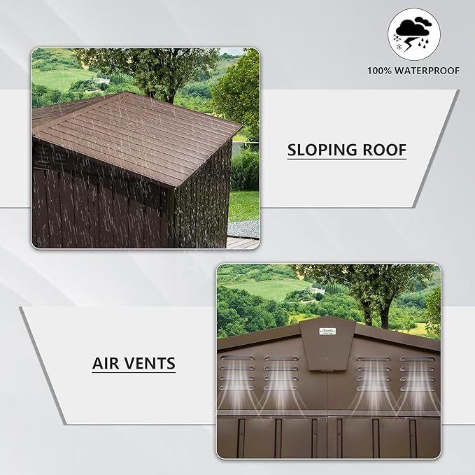 Domi Outdoor 10' x 8' Storage Shed, Metal Steel Utility Tool Shed Storage House with Double Lockable Doors & Air Vents for Backyard Patio Garden Lawn Brown