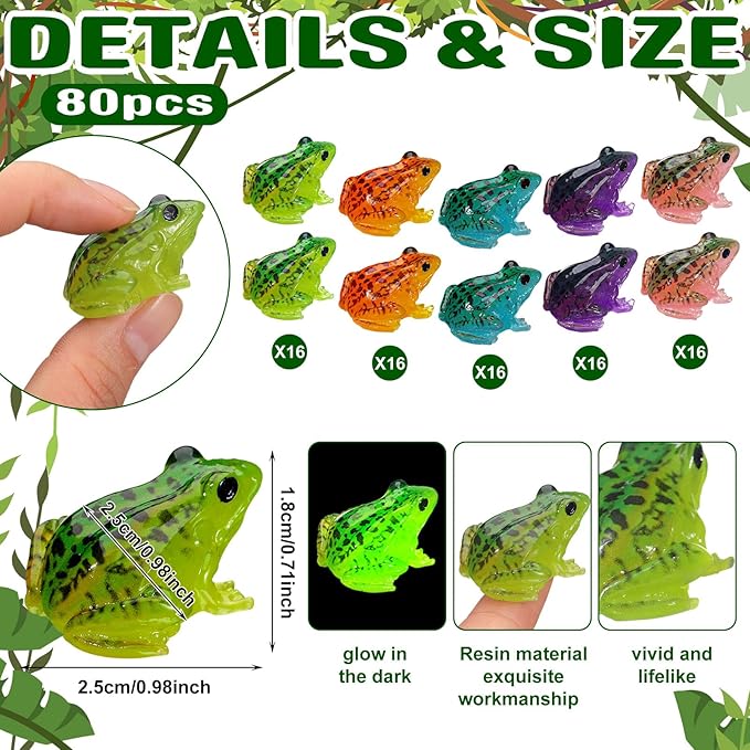 Barydat 80 Pcs Miniature Frog Figurines Luminous Mini Resin Frog Figures Model Garden Decor DIY Terrarium Craft Ornament Accessories for Moss Landscape Decoration (0.98 x 0.98 Inch)