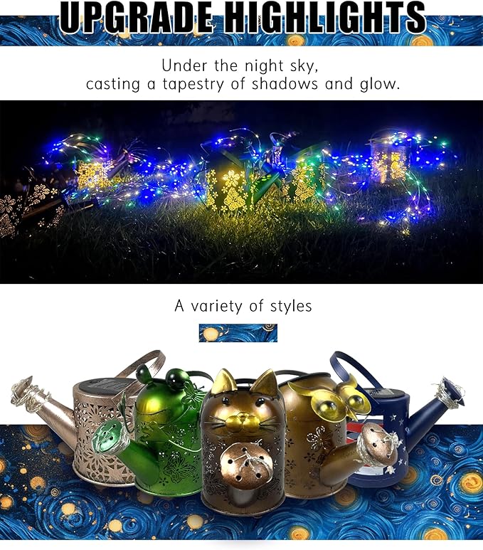 Solar Watering Can with Colorful Lighting, Waterproof Garden Decor, Birthday Gifts for Mom Grandma (Cat, 32 inch Shepherd Hook)