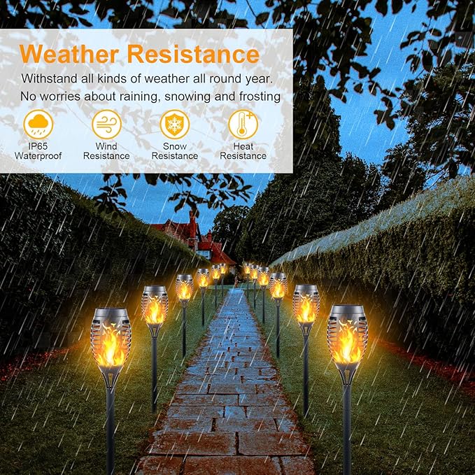 Mini Solar Tiki Torches with Flickering Flame Effect - 12LED Torch Lights Outdoor Waterproof, Perfect for Festival Decorations, Yard, Garden, Patio & Pathway Landscape Lighting (Set of 8)