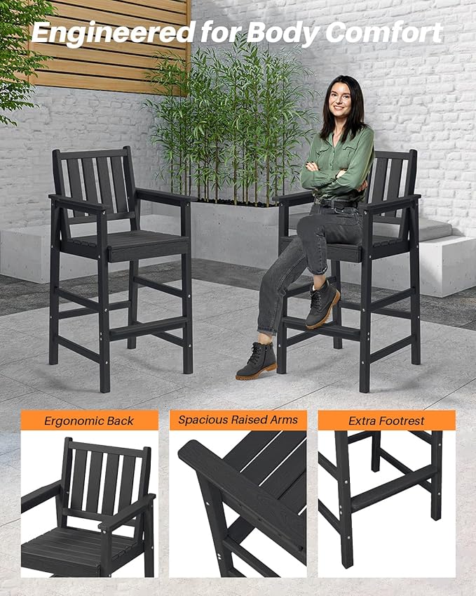 5-Piece HDPE Patio Bar Set, Rectangular Bar Height Table and 4 Adirondack Bar Chairs, All Weather Outdoor Bar Stools Set, Outdoor Bar Table and Chairs Set for Balcony, Pool, Porch, Obsidian