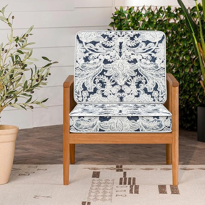 LVTXIII Patio Chair Cushions 22"x22"x3", Water-Repellent Outdoor Seat Cushions for Patio Furniture, Square Chair Pads with Ties for Home Garden Decoration, Set of 2, Damask Lapis