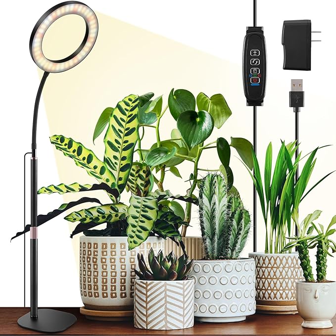One Head Grow Lights for Indoor Plant Full Spectrum, Desk Halo Plant Lights for Indoor Growing with 3H/9H/12H Timer, 5 Dimmable Levels,Height Adjustable 9.4-23.6",Strong Metal Base Happy Light