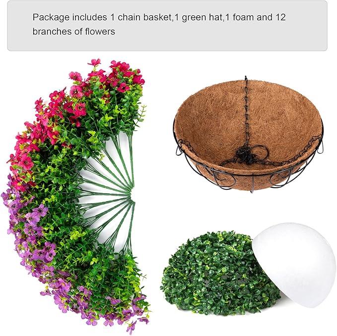 Artificial Faux Hanging Plants Flowers Basket for Spring Summer Outdoor Outside Decoration, Fake Silk Colorful Daisy Eucalyptus in Planter UV Resistant Realistic for Porch Patio Balcony Yard