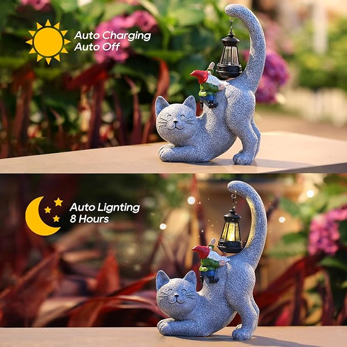 Cat Statue Garden Decor with Funny Gnome Figurine & Solar Lantern, Motherday Gifts for Mom,Birthday Gift for Women,Cat Statues for Garden,Patio,Yard Decoration, Gray, SR-C-003