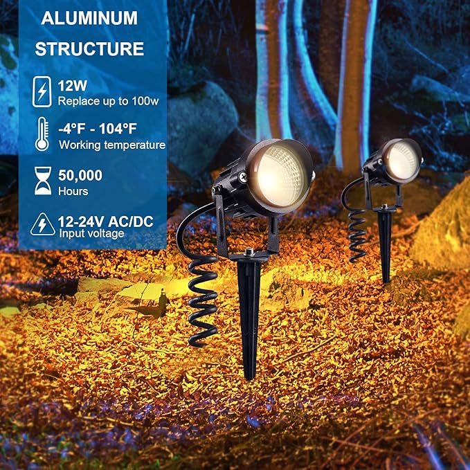 SUNVIE 12W Low Voltage Landscape Lighting Waterproof LED Landscape Lights 3000K Garden Pathway Lights 12V Outdoor Spotlights with Spike Stand, 2 Pack with Connectors