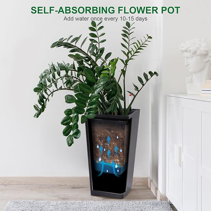 22.5" Tall Planters Set of 2, Outdoor＆Indoor Black Planter Pots, High Front Porch Planter Pots with Drainage Holes＆Water Level Monitor＆Inner Bucket, Automatic Watering, Black