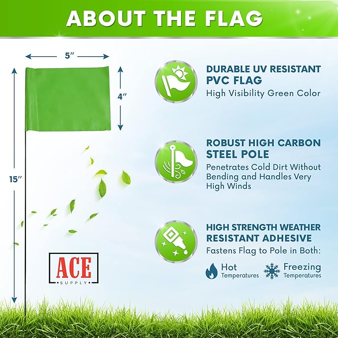 Green Marking Flags 100 Pack - 4x5x15 Inch Green Flags for Yard - Markers For Lawn, Irrigation, Landscaping, Survey & Sprinkler Head Marking