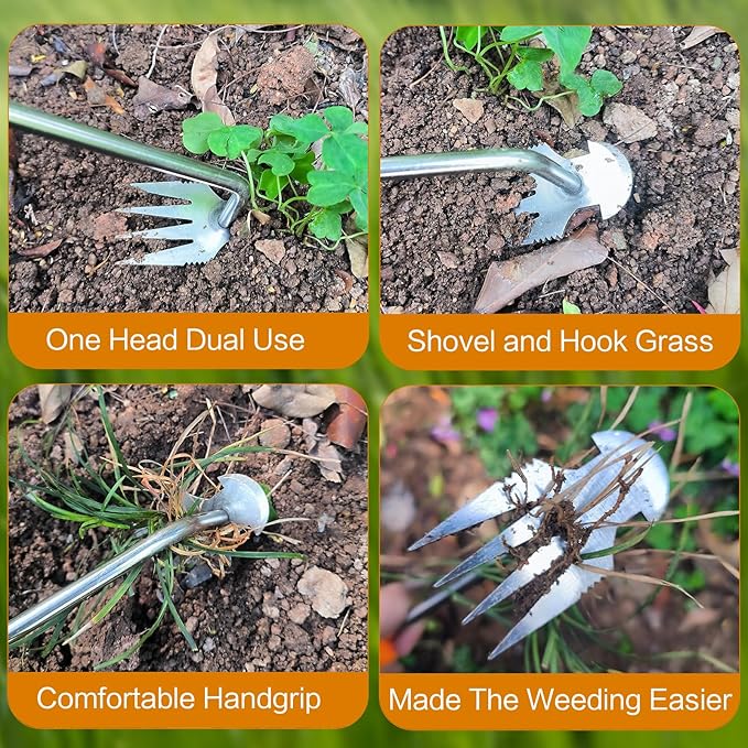 Amposei Weeding Artifact Uprooting Weeding Tool, Multifunctional Weeder, Hand Weeder Tool, Stand Up Weed Puller Tool with Handle for Garden Yard Farm Weed Removal (11in, Wood Handle)