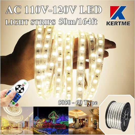 5050-60 Type AC 110-120V LED Strip Lights, Flexible/Waterproof/Dimmable/Multi-Modes LED Rope Light + 23 Keys Remote for Home/Garden/Building Decoration (164ft/50m, Natural White 4000K)