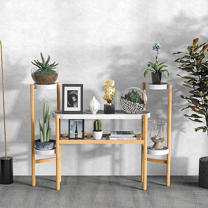 Bamboo Plant Shelf Indoor, 3 Tier Tall Corner Plant Shelves Holder & Plant Display Rack for Outdoor Garden Indoor Home