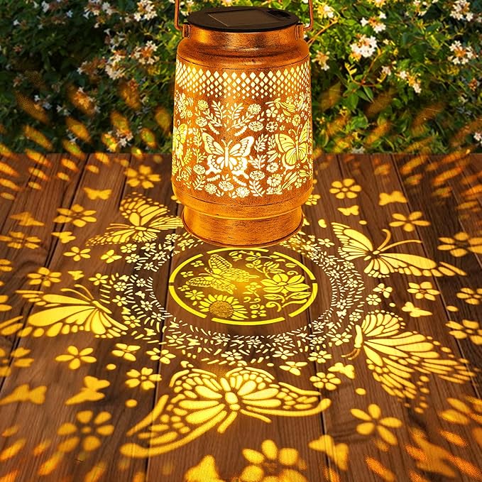 2 Pack Solar Lanterns Outdoor Garden Decor with Shepherd Hook, Gardening Gifts for Mom Grandma Women Butterfly Metal Decor Lantern Waterproof Solar Lights LED Decorative for Garden Yard Patio