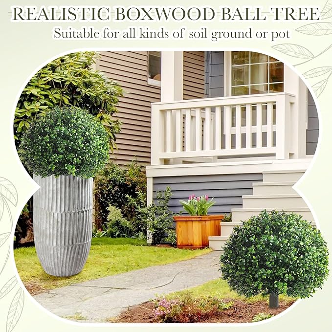 Yunlly 2 Pack 18" Artificial Boxwood Ball Bush Topiary Trees Fake Outdoor Plants, Realistic UV Resistance Faux Shrubs with Spike Greenery Topiary Potted for Front Porch Garden Yard Patio Indoor Decor