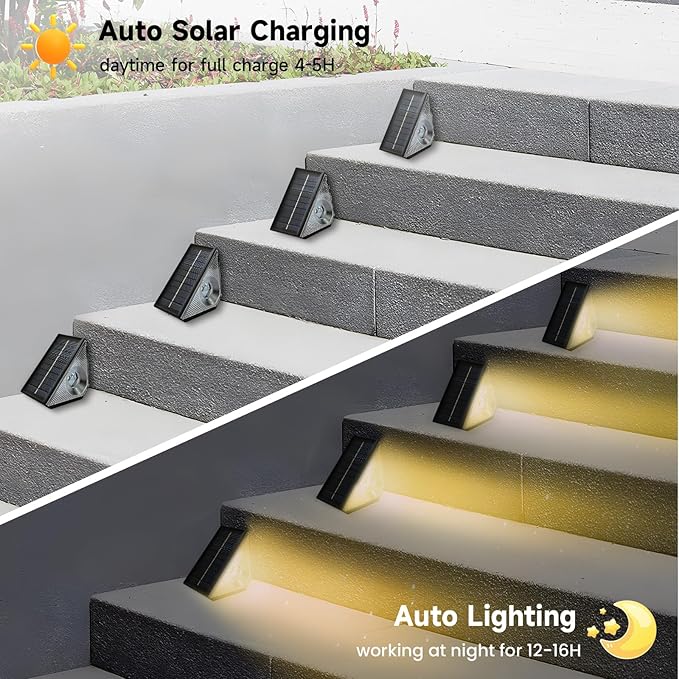 Solar Step Deck Lights Outdoor 16 Pack Solar Step Lights, Waterproof Warm White/7 RGB Color Glow Solar Stair Lights for Yard, Patio, Garden, Walkways, Front Door, Pathway, Driveway