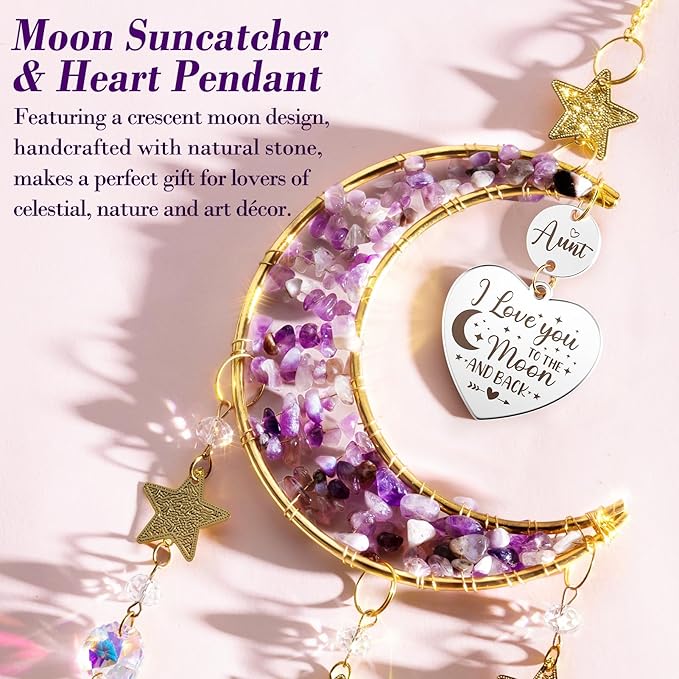 Aunt Gifts from Niece Nephew, Aunt for Auntie Gifts, Best Aunt Ever Gift Aunt Birthday Gifts for Auntie, Unique Auntie Gifts for Women Moon Crystal Suncatcher for Windows Hanging