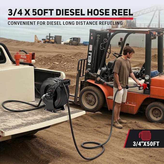 Fuel Hose Reel 3/4" x 50FT Retractable Diesel Hose Reel 300PSI Ratchet Spring Driven Hose Holder Reel Heavy Duty Industrial Steel with Fueling Nozzle for Aircraft Tank Truck Trailer Ship, Black