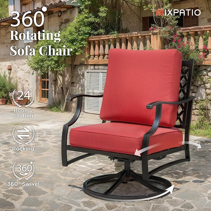 Patio Furniture Set with Fire Pit Table, 5 Pcs Metal Outdoor Conversation Set, 4 Swivel Chairs with 5.75" Extra Thick Cushion and 28" Fire Pit Table for Backyard Deck, Red