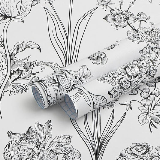 Dimoon 393"x17.3" Floral Peel and Stick Wallpaper White Contact Paper Waterproof Black Lines Wallpaper Vintage Flower Thicken Plant Self Adhesive Removable Wall Covering Shelf Liner Decal Vinyl Roll