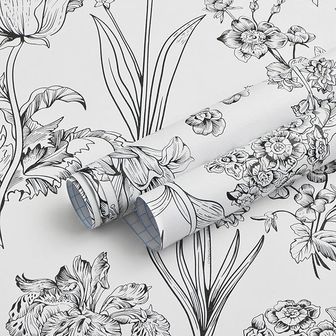 Dimoon 78.7"x17.3" Floral Peel and Stick Wallpaper White Contact Paper Waterproof Black Lines Wallpaper Vintage Flower Thicken Plant Self Adhesive Removable Wall Covering Shelf Liner Decal Vinyl Roll