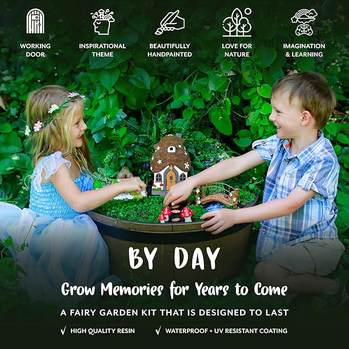 WILD PIXY Fairy Garden Kit - 13 Piece Glow in The Dark Fairy Garden Accessories, 7.1"" Outdoor Fairy House with Opening Door and Solar LED Light, Garden Door for Trees, Stones, Indoor/Outdoor Décor