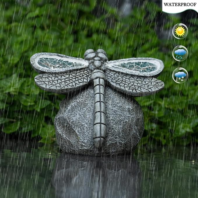 Garden Statue Dragonfly,Solar Dragonfly Decor for Outdoor,Resin Dragonflies Figurine with Solar Light for Patio,Balcony,Yard,Lawn Ornament,Perfect Garden Gift
