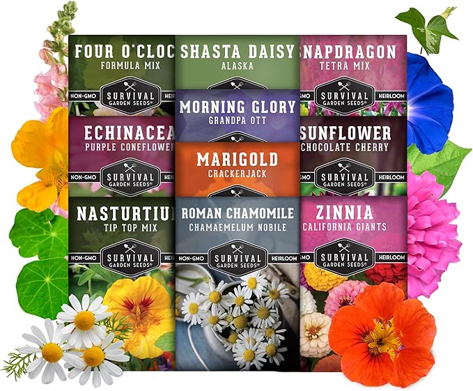 Survival Garden Seeds 10 Flower Collection - Four O’Clock, Chamomile, Shasta Daisy, Purple Coneflower, Marigold, Morning Glory, Nasturtium, Snapdragon, Sunflower, Zinnia - Non-GMO Heirloom Varieties