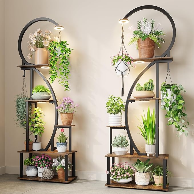 Indoor Plant Stand with Grow Lights, Half-Heart Shape Metal Shelf with Multiple Wood Boards and Hooks for Hanging & Potted Plants, Tall LED Display Rack for Living Room, Balcony Décor
