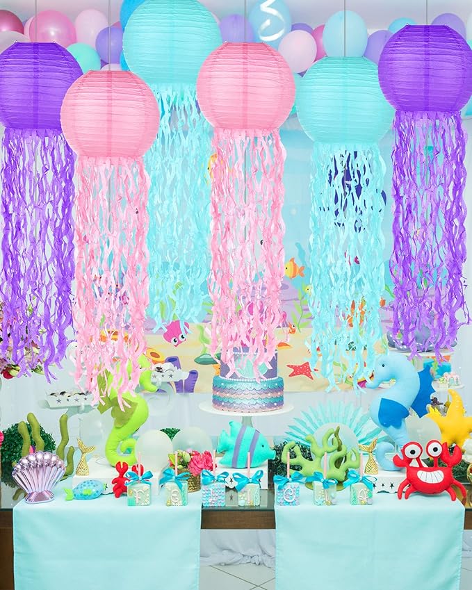 18 Pcs Jellyfish Paper Lanterns Mermaid Birthday Decorations Hanging Lantern Lamps for Ocean Theme Decor Under The Sea Party Supplies