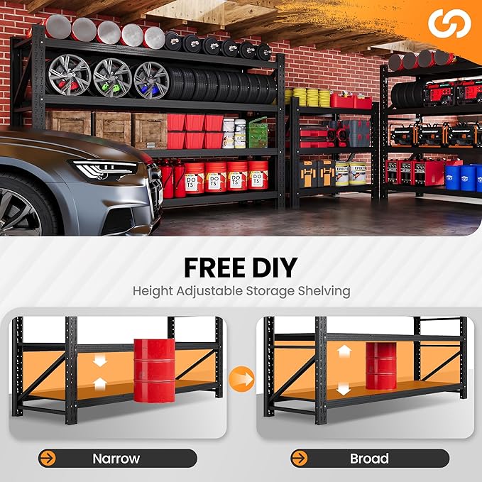 71” W Storage Shelves Heavy Duty, 5000LBS Metal Garage Shelving Units, 4 Tier Storage rack shelf, Steel Industrial Shelving , Adjustable Standing Shelf for Basement/Warehouse 71"W x 24"D x 70"H, Black