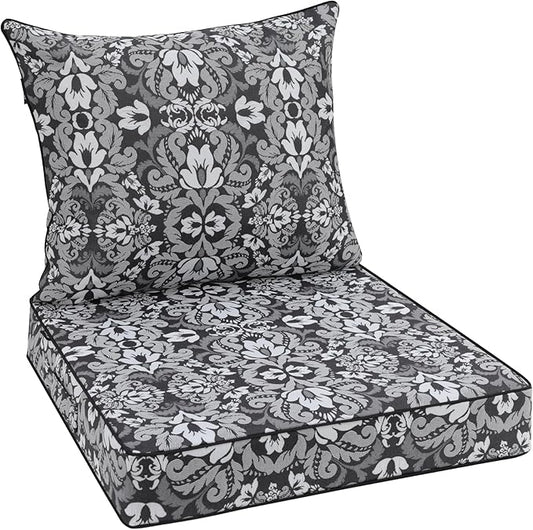 Favoyard Outdoor Seat Cushion 19 x 19 x 3 in Waterproof Pattern Fade Resistant Cover Removable Patio Furniture Cushions Deep Seat & Back Cushion Set with Adjustable Straps for Patio Chair Sofa Couch