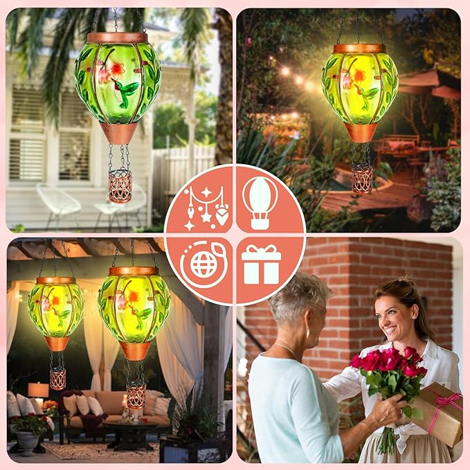 2 Pack Solar Hot Air Balloon Lantern with Flame，Hummingbird Outdoor Solar Lanterns for Outside Garden Yard Farmhouse Patio Pathway Decoration, Hummingbird Gifts for Women Grandma Mom - Hummingbird