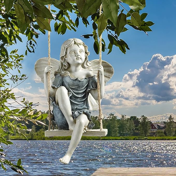 Design Toscano EU42046 Summertime Fairy on a Swing Hanging Statue, 11 Inch, Polyresin, Two Tone Stone