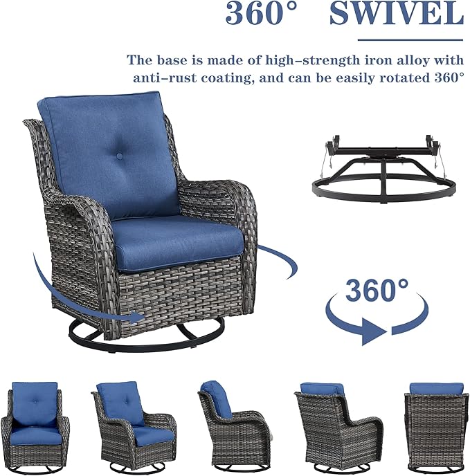 5 Piece Outdoor Patio Furniture Set - Wicker Furniture Patio Conversation Set, Outdoor Swivel Rocker Chairs with 3-Seater Sofa and 2 Ottomans for Small Space, Blue Cushion