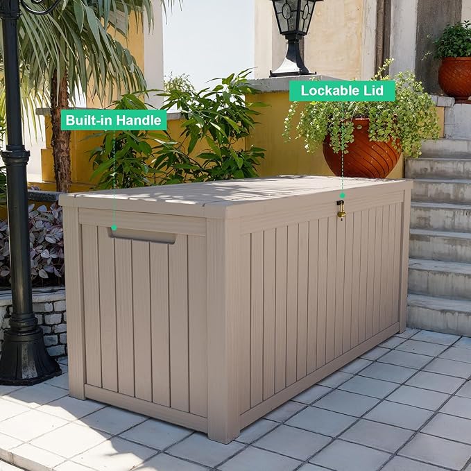 180 Gallon Outdoor Storage Box – Waterproof Deck Box for Garden & Patio,Light Brown