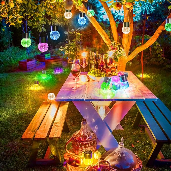 MAXvolador 12-Pack Hanging Solar Lights, Decorative Cracked Glass Ball Light, Multicolor Solar Powered Waterproof Globe Lighting for Garden, Tree