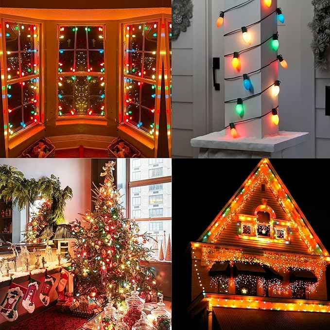 25Ft Multicolor Christmas Lights C7 Vintage Christmas String Lights with 27 Multicolor Ceramic Bulbs (2 Spare), Hanging Outdoor String Lights for Christmas Holiday Wedding Party Garden Decor- Green