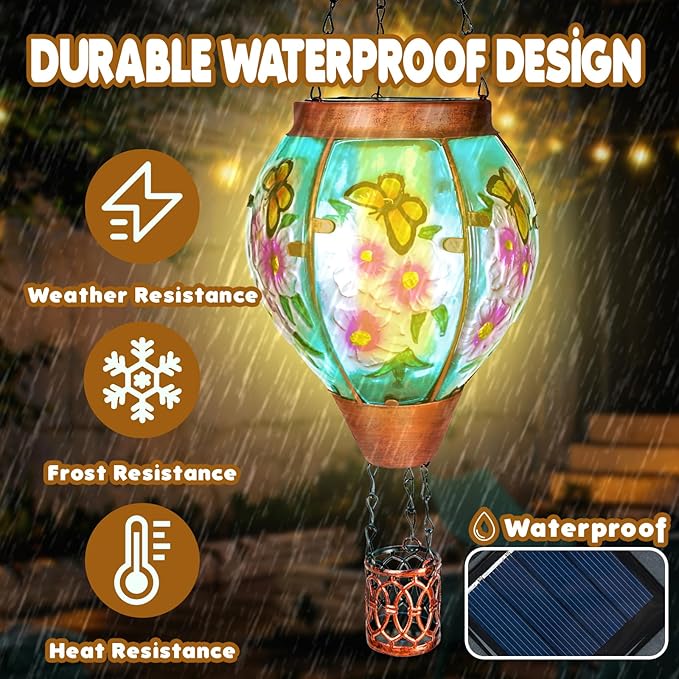 2 Pack Solar Hot Air Balloon Lantern with Flame， Butterfly Glass Outdoor Solar Lanterns for Outside Hanging Farmhouse Patio Pathway Decor, Butterfly Gifts for Women Grandma Mom - Butterfly