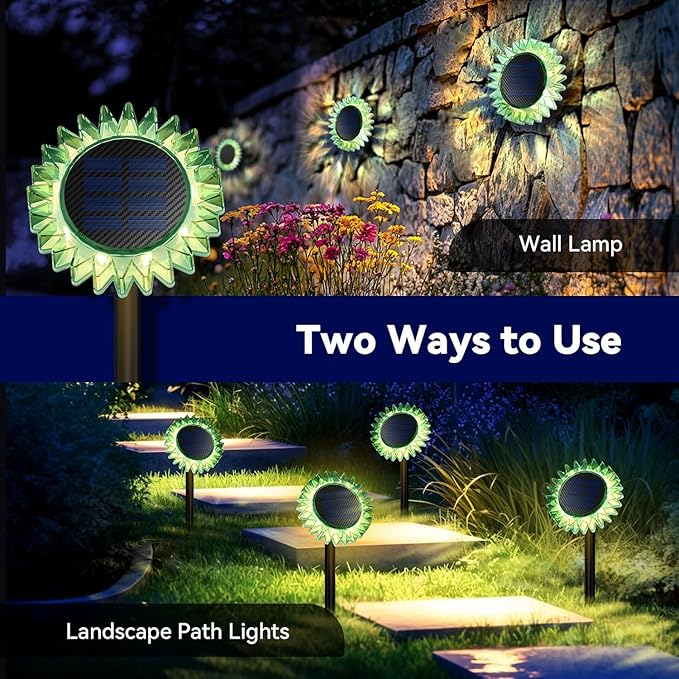 Hogni 4PK Solar Garden Lights, Ground Stake/Hang 2 in 1 Solar Sunflowers Outdoor Waterproof IP67, Outdoor Decor for Pathway Walkway Landscape Backyard Fence Decoration